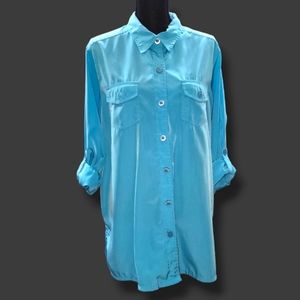 Roaman’s Plus Size Button-up Collared Blouse in Blue